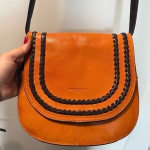 Tignanello Orange Leather Flap Front Saddle Bag Crossbody Accordion Style Purse
